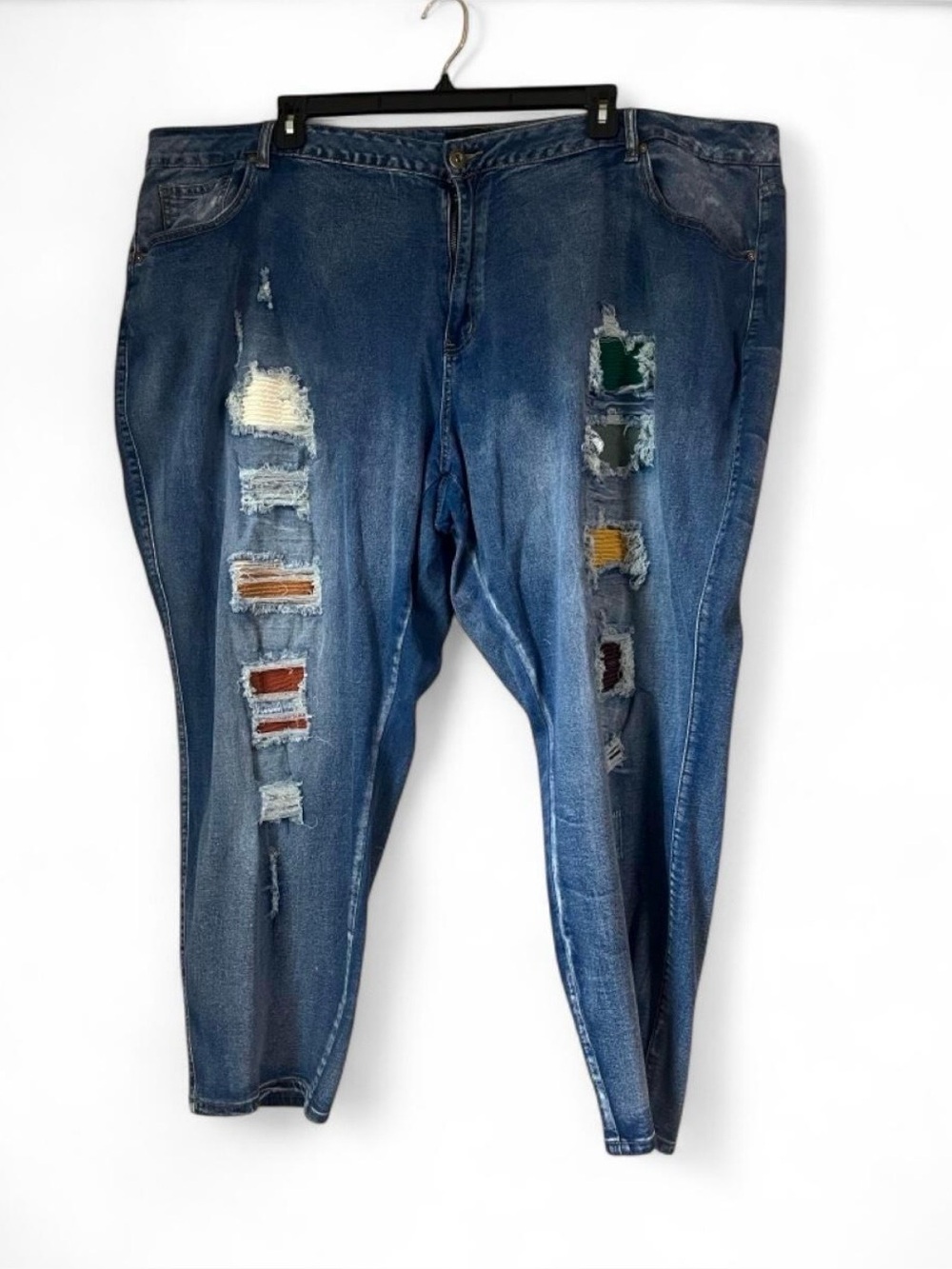 Ashley Stewart Jeans Sz 34 Distressed Patchwork Blue Stretch Pockets